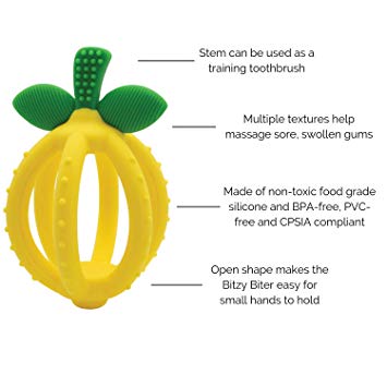 Teething Ball & Training Toothbrush – Silicone, BPA-Free Bitzy Biter Lemon-Shaped Teething Ball Featuring Multiple Textures to Soothe Gums and an Easy-to-Hold Design, Lemon